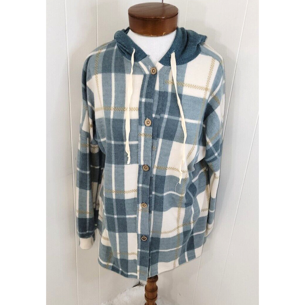 Lovely Melody Womens Medium Blue White Plaid Soft Button Up Hooded Light Top